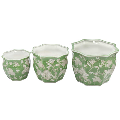 Galt International Blue & White Round Fluted Classic Floral Porcelain Ceramic Plant Flower Planter Pot Set of 3 (7.5", 10", 13") Garden Pots Chinese Asian Design