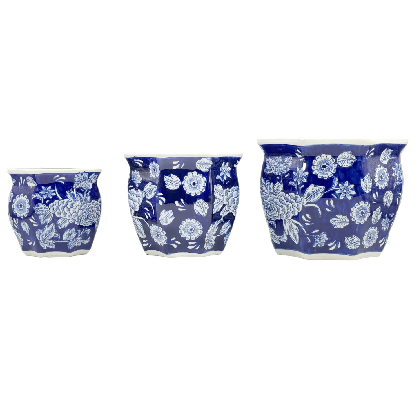 Galt International Blue & White Round Fluted Classic Floral Porcelain Ceramic Plant Flower Planter Pot Set of 3 (7.5", 10", 13") Garden Pots Chinese Asian Design