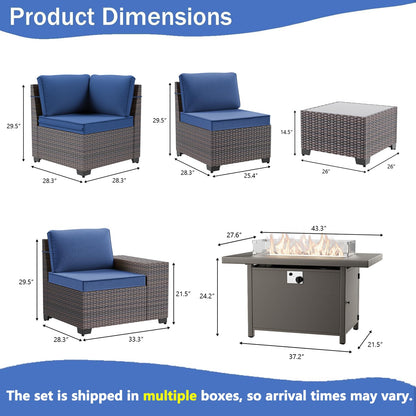 13 PCS Outdoor Patio Furniture Set,Outdoor Sectional Furniture with 43" 55000 BTU Gas Propane Fire Pit Table,All Weather PE Rattan Wicker Patio Conversation Set,Navy Blue