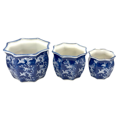 Galt International Blue & White Round Fluted Classic Floral Porcelain Ceramic Plant Flower Planter Pot Set of 3 (7.5", 10", 13") Garden Pots Chinese Asian Design