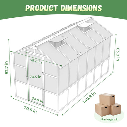 Jocoevol 6x12FT Greenhouse for Outdoors, Wooden Frame Polycarbonate Green House w/ Adjustable Roof Vent and Lockable Door Handle, Walk-in Greenhouses for Outside Garden Backyard