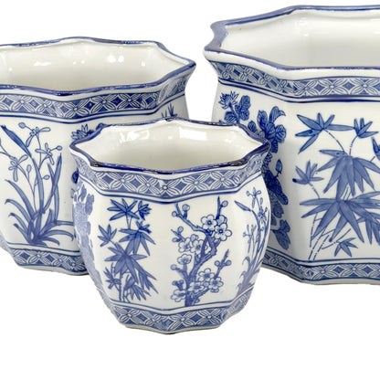 Galt International Blue & White Round Fluted Classic Floral Porcelain Ceramic Plant Flower Planter Pot Set of 3 (7.5", 10", 13") Garden Pots Chinese Asian Design