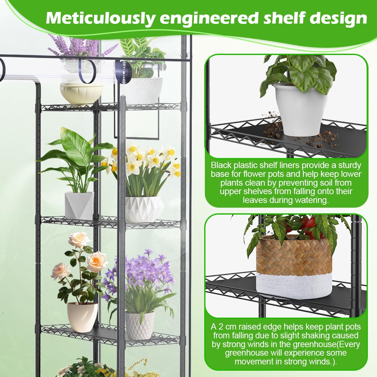 Walk-in Greenhouse with Height-Adjustable Shelves, Heavy Duty Green House for Outdoors/Indoors, Heavy-Duty Steel Frame & Thickened PVC Cover, 82"x57"x55.5", Black