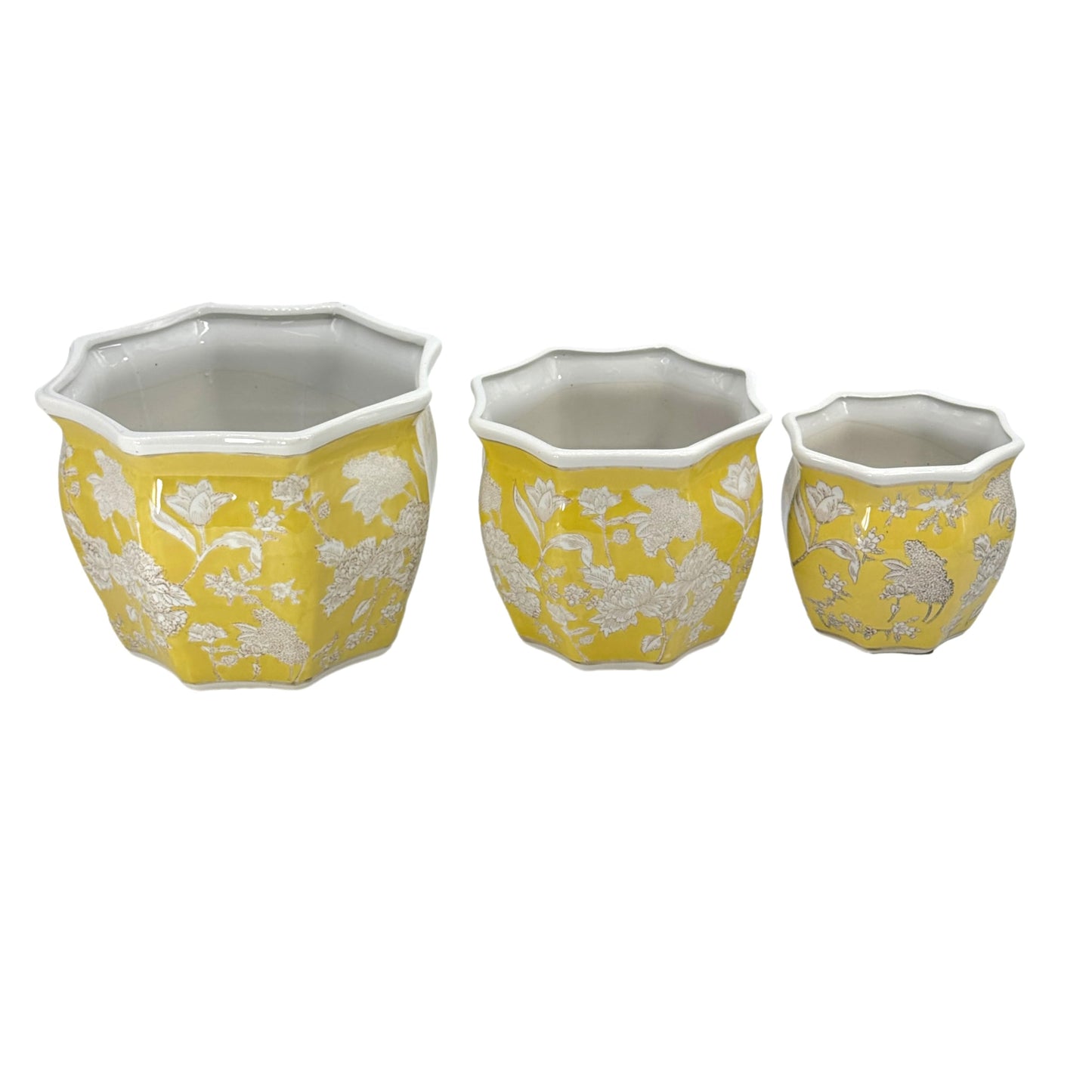 Galt International Blue & White Round Fluted Classic Floral Porcelain Ceramic Plant Flower Planter Pot Set of 3 (7.5", 10", 13") Garden Pots Chinese Asian Design