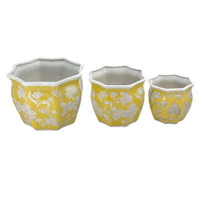Galt International Blue & White Round Fluted Classic Floral Porcelain Ceramic Plant Flower Planter Pot Set of 3 (7.5", 10", 13") Garden Pots Chinese Asian Design