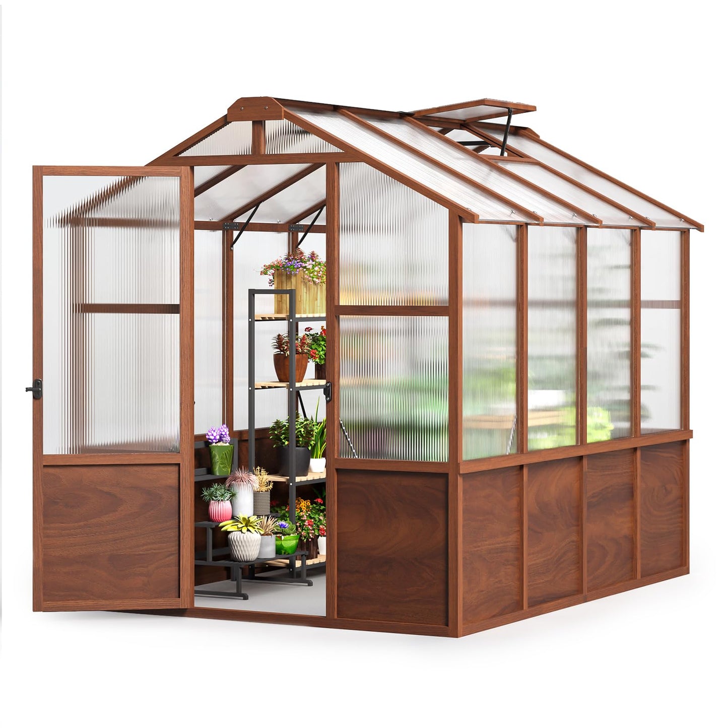 Jocoevol 6x12FT Greenhouse for Outdoors, Wooden Frame Polycarbonate Green House w/ Adjustable Roof Vent and Lockable Door Handle, Walk-in Greenhouses for Outside Garden Backyard