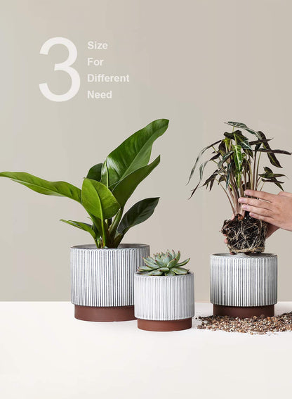 LE TAUCI Ceramic Plant Pots with Drainage Holes, Set of 3, 8+6.7+5.5 Inch Stripe Garden Planter Pots for Outdoor Indoor Plants Flower, Round Succulent Orchid Flower Pot, Reactive Glaze Black
