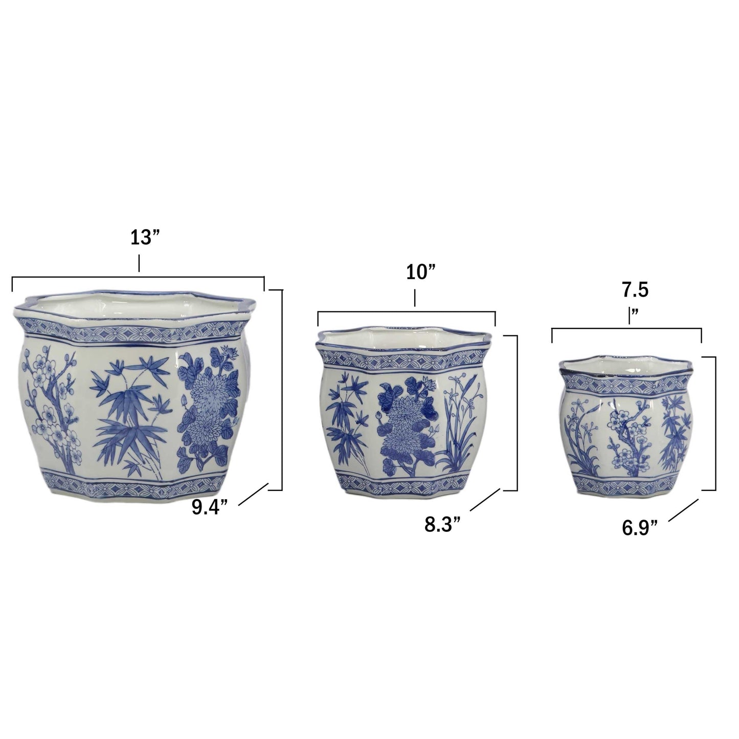 Galt International Blue & White Round Fluted Classic Floral Porcelain Ceramic Plant Flower Planter Pot Set of 3 (7.5", 10", 13") Garden Pots Chinese Asian Design