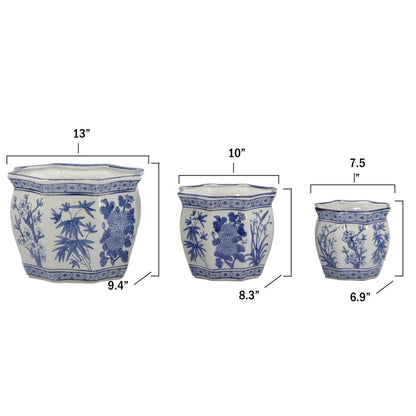 Galt International Blue & White Round Fluted Classic Floral Porcelain Ceramic Plant Flower Planter Pot Set of 3 (7.5", 10", 13") Garden Pots Chinese Asian Design