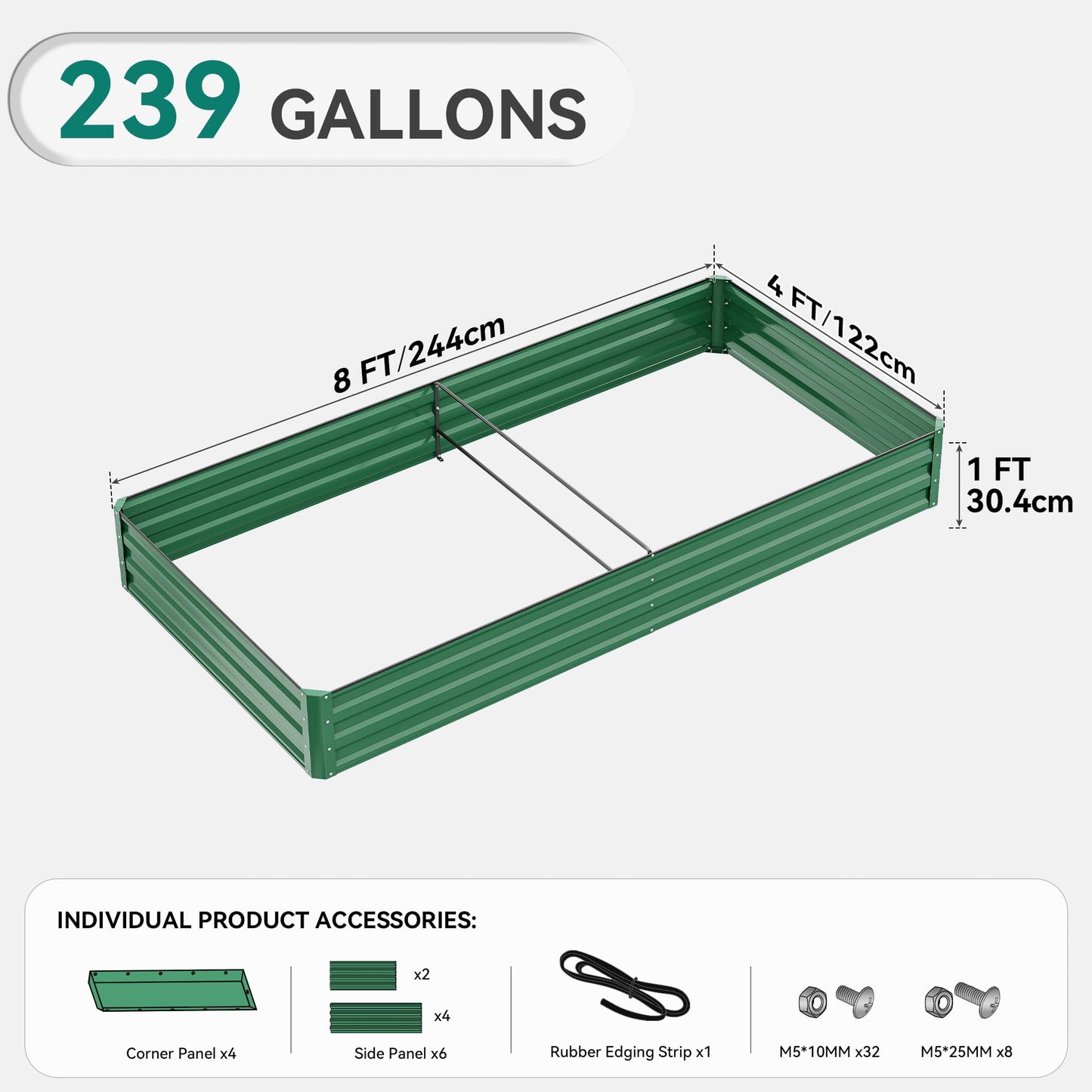 YITAHOME 6pcs 8x4x2 ft Galvanized Raised Garden Bed Kit, Large Metal Planter Box with Gloves, Safety Rubber & Support Rod, Outdoor Flower Bed for Plants Vegetables, Green