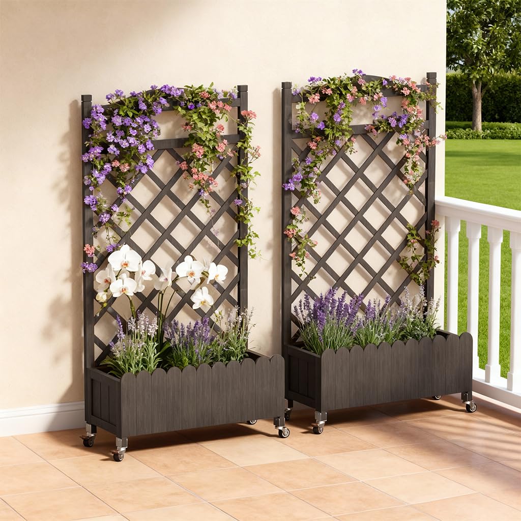 COMHOMA 2 Pack Planter Box with Trellis and Wheels, 48In Elevated Raised Garden Bed, Drainage Holes, Outdoor Lattice for Climbing Flowers, Vegetables, Patio Balcony, Brown