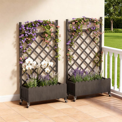 COMHOMA 2 Pack Planter Box with Trellis and Wheels, 48In Elevated Raised Garden Bed, Drainage Holes, Outdoor Lattice for Climbing Flowers, Vegetables, Patio Balcony, Brown