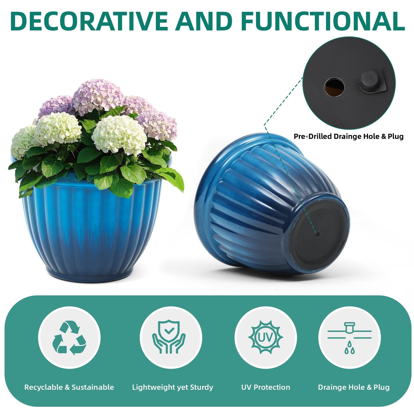 Autodaya 22" Urn Planters Outdoor Planter for Plants Set of 2 Timeless Plastic Large Flower Pot with Drainage Hole Terrazzo White Garden Pots for Porch, Patio Christmas Decor