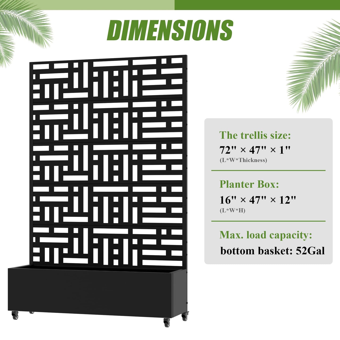 72" H Metal Raised Garden Bed with Trellis and Wheels, Privacy Screen Outdoor Planter Box with Decor Leaf Pattern, Large Mobile Vertical Planter for Patio, Balcony & Backyard