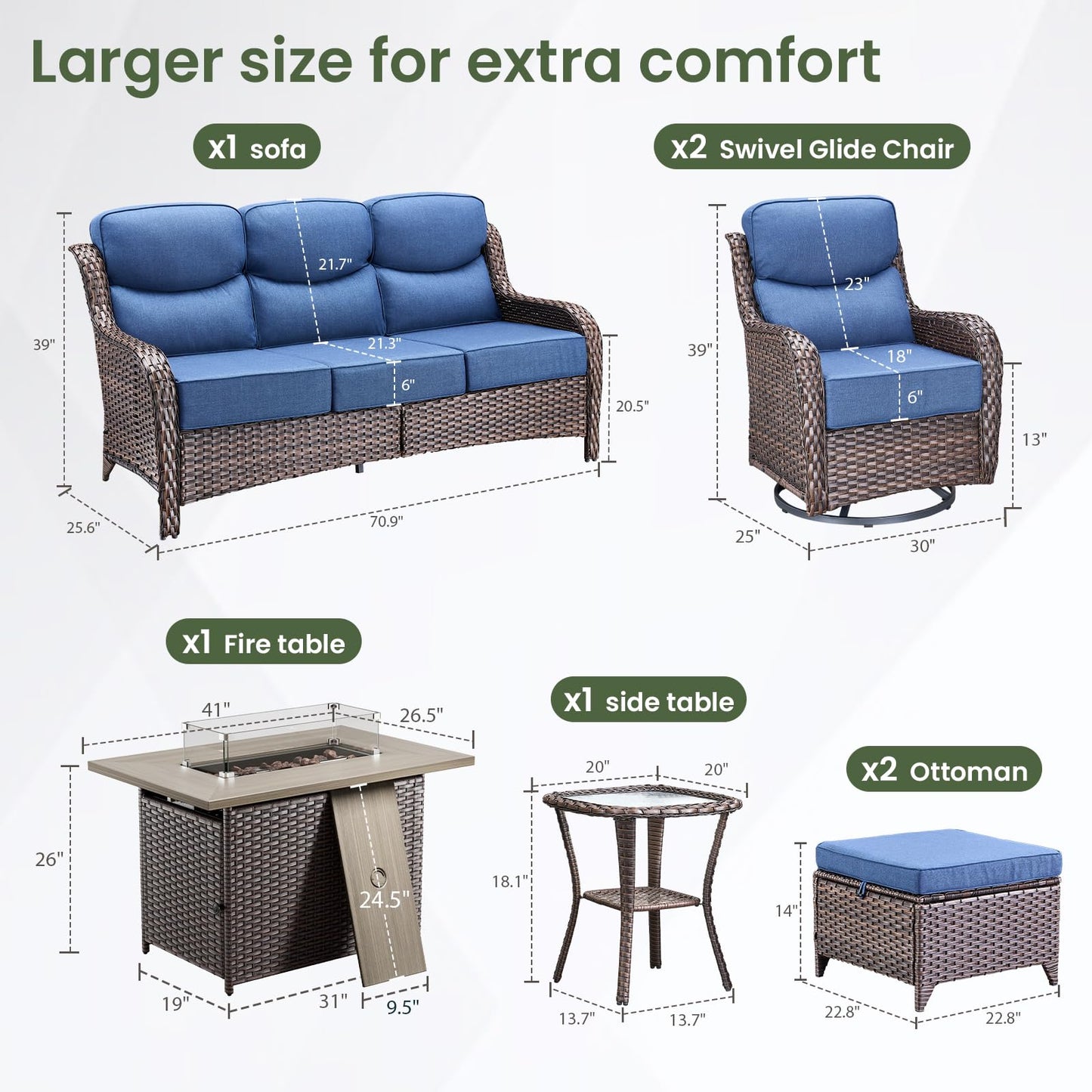 Luxury Patio Furniture Set with 6-inch Thick Cushion, Outdoor Furniture with Fire Pit Table, Swivel Chairs, Sofa, Side Table, Ottomans, 9pcs Wicker Conversation Set(Brown Wicker | Grey Cushion)