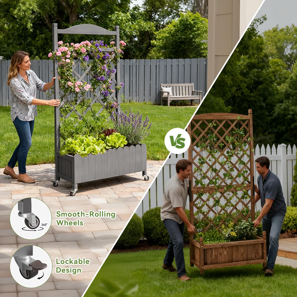 COMHOMA 2 Pack Planter Box with Trellis and Wheels, 48In Elevated Raised Garden Bed, Drainage Holes, Outdoor Lattice for Climbing Flowers, Vegetables, Patio Balcony, Brown