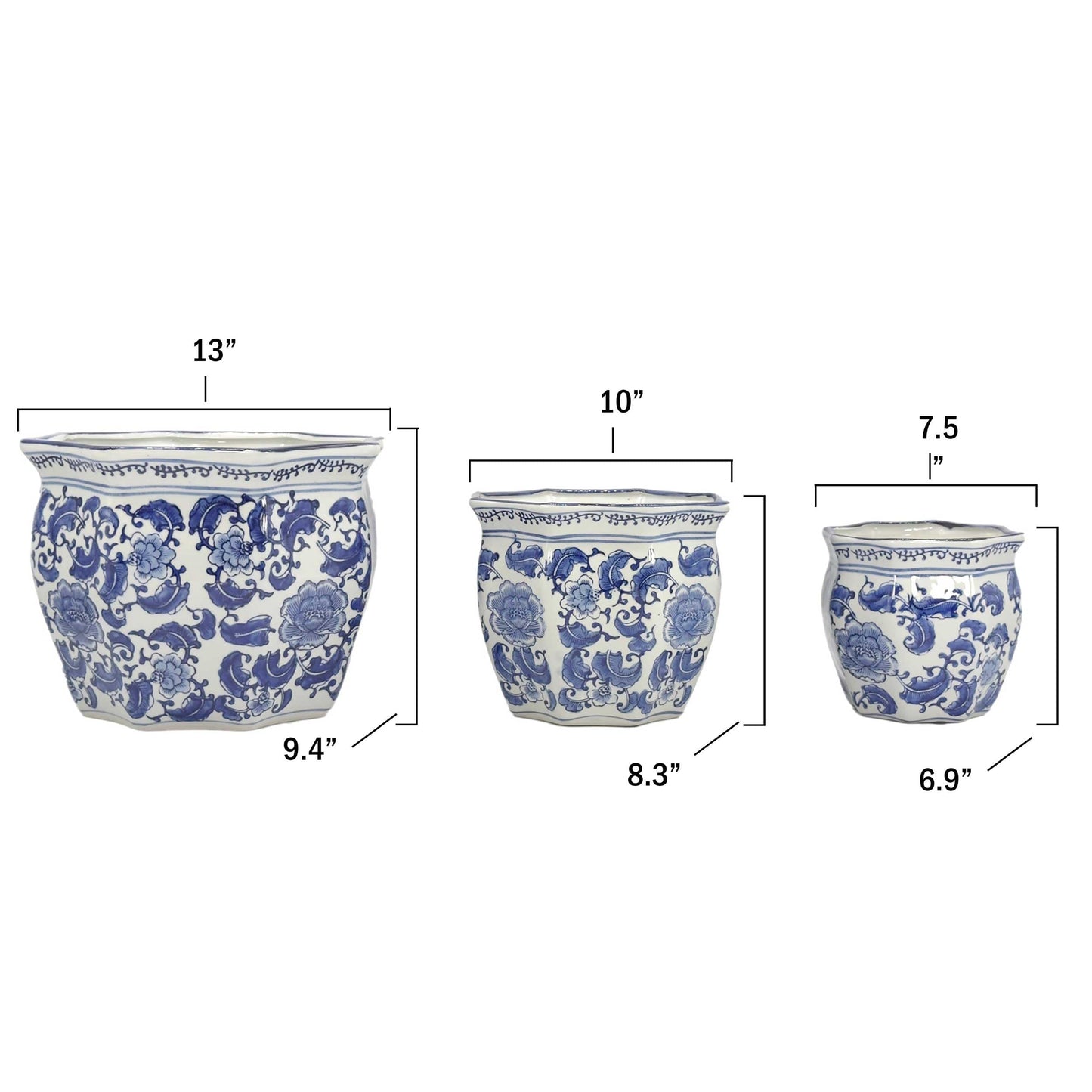 Galt International Blue & White Round Fluted Classic Floral Porcelain Ceramic Plant Flower Planter Pot Set of 3 (7.5", 10", 13") Garden Pots Chinese Asian Design