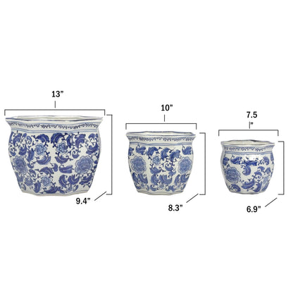 Galt International Blue & White Round Fluted Classic Floral Porcelain Ceramic Plant Flower Planter Pot Set of 3 (7.5", 10", 13") Garden Pots Chinese Asian Design