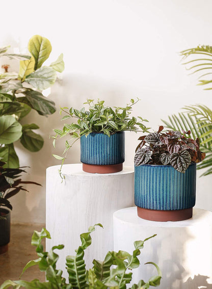LE TAUCI Ceramic Plant Pots with Drainage Holes, Set of 3, 8+6.7+5.5 Inch Stripe Garden Planter Pots for Outdoor Indoor Plants Flower, Round Succulent Orchid Flower Pot, Reactive Glaze Black