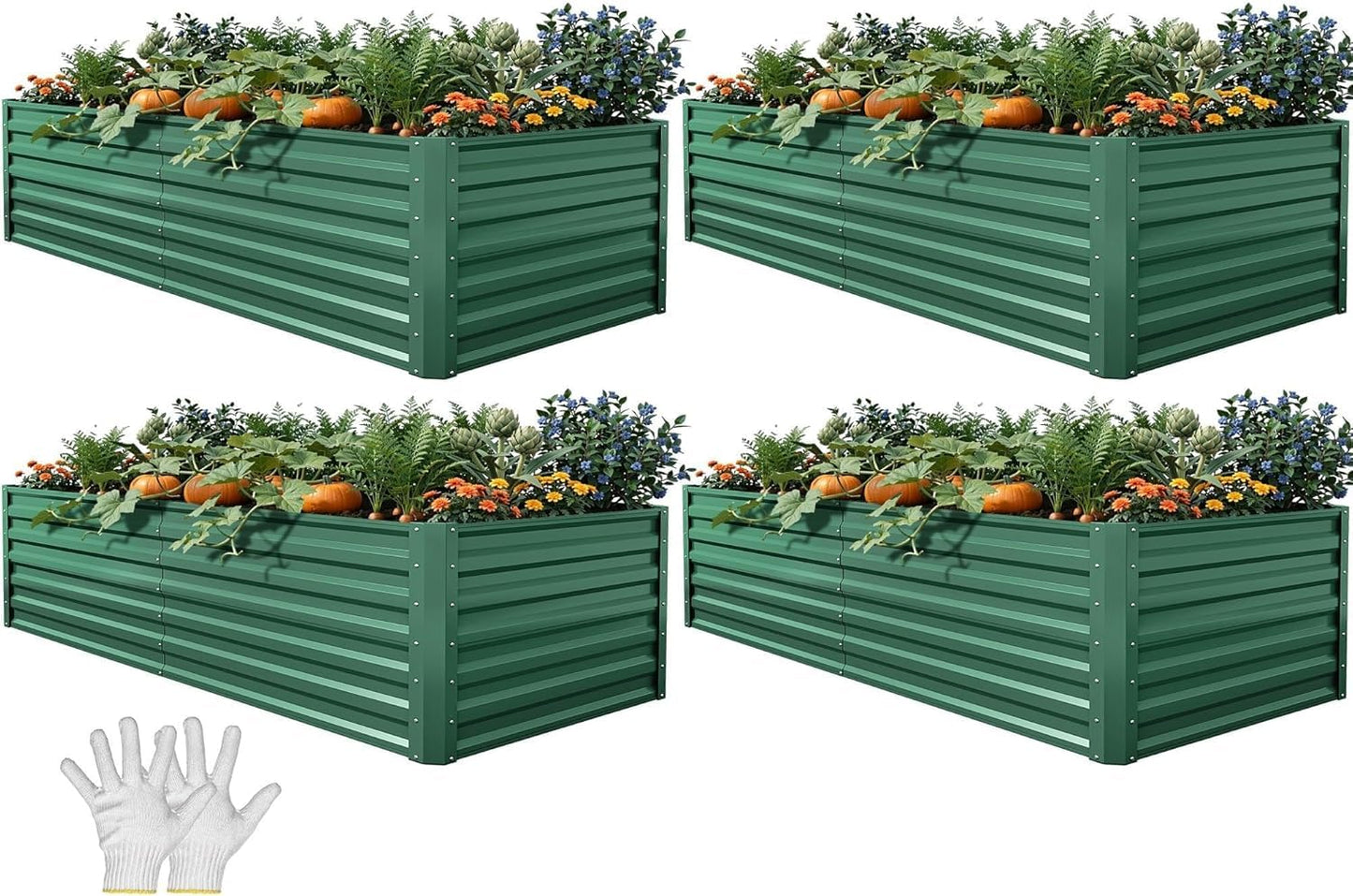 YITAHOME 6pcs 8x4x2 ft Galvanized Raised Garden Bed Kit, Large Metal Planter Box with Gloves, Safety Rubber & Support Rod, Outdoor Flower Bed for Plants Vegetables, Green