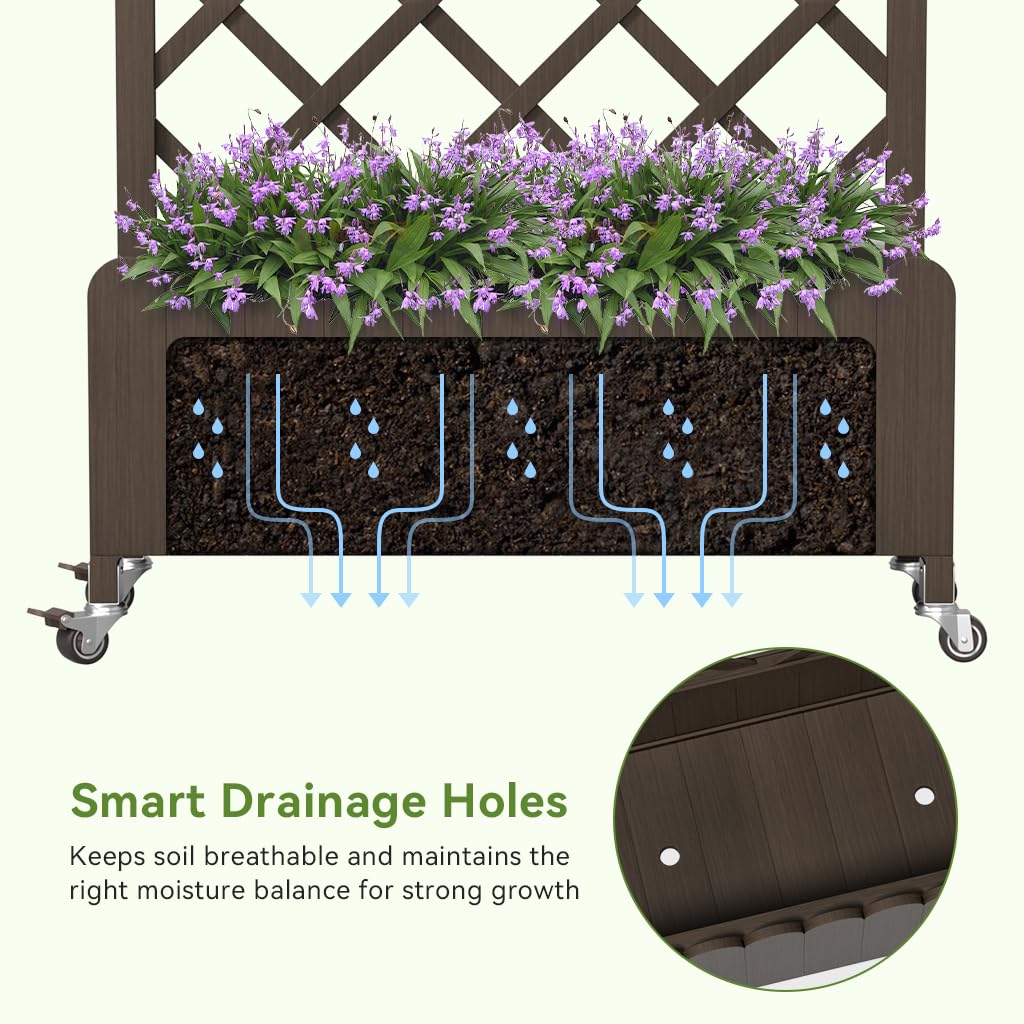 COMHOMA 2 Pack Planter Box with Trellis and Wheels, 48In Elevated Raised Garden Bed, Drainage Holes, Outdoor Lattice for Climbing Flowers, Vegetables, Patio Balcony, Brown