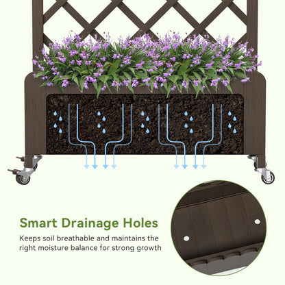 COMHOMA 2 Pack Planter Box with Trellis and Wheels, 48In Elevated Raised Garden Bed, Drainage Holes, Outdoor Lattice for Climbing Flowers, Vegetables, Patio Balcony, Brown