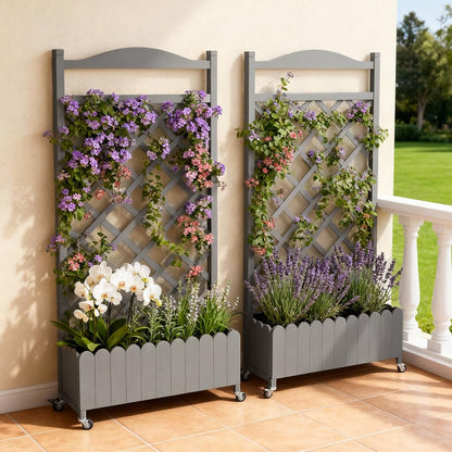 COMHOMA 2 Pack Planter Box with Trellis and Wheels, 48In Elevated Raised Garden Bed, Drainage Holes, Outdoor Lattice for Climbing Flowers, Vegetables, Patio Balcony, Brown
