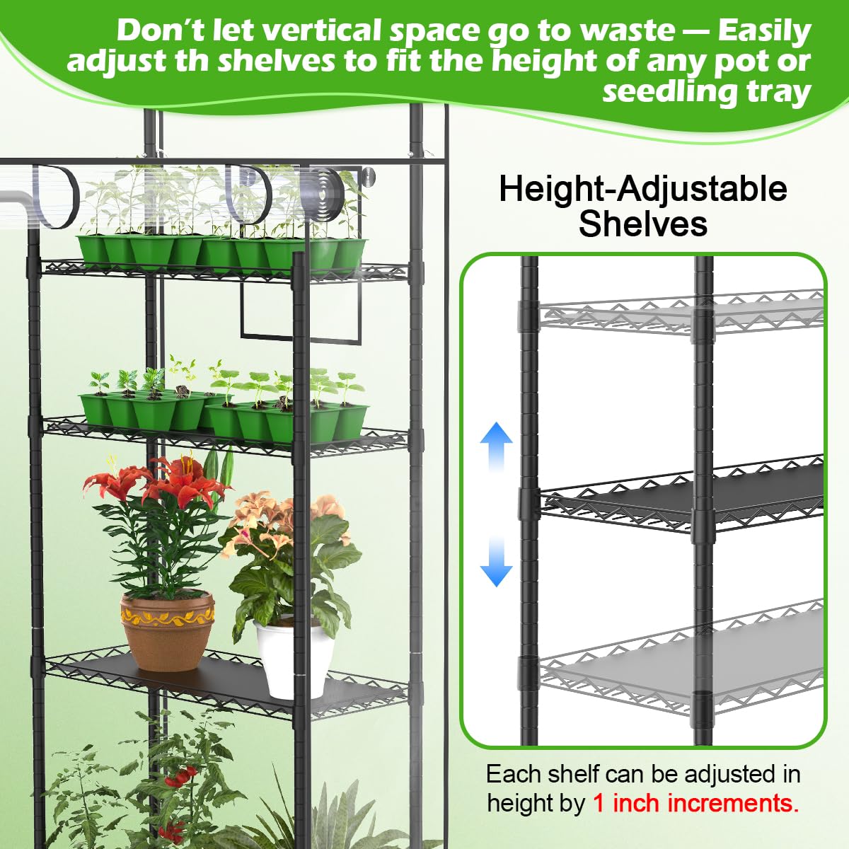 Walk-in Greenhouse with Height-Adjustable Shelves, Heavy Duty Green House for Outdoors/Indoors, Heavy-Duty Steel Frame & Thickened PVC Cover, 82"x57"x55.5", Black