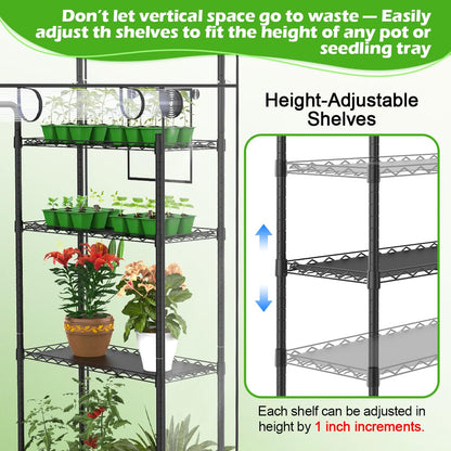Walk-in Greenhouse with Height-Adjustable Shelves, Heavy Duty Green House for Outdoors/Indoors, Heavy-Duty Steel Frame & Thickened PVC Cover, 82"x57"x55.5", Black