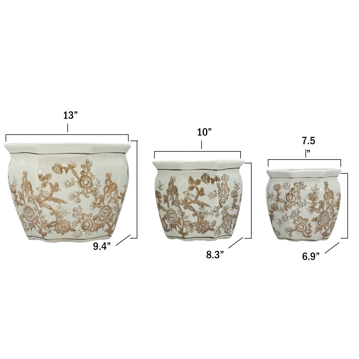 Galt International Blue & White Round Fluted Classic Floral Porcelain Ceramic Plant Flower Planter Pot Set of 3 (7.5", 10", 13") Garden Pots Chinese Asian Design