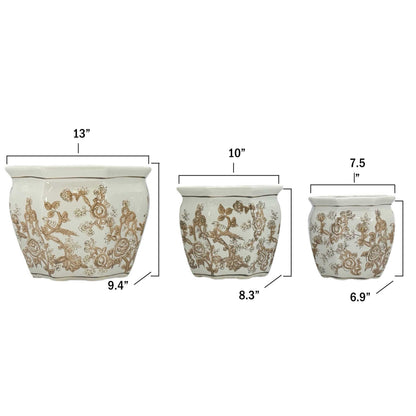 Galt International Blue & White Round Fluted Classic Floral Porcelain Ceramic Plant Flower Planter Pot Set of 3 (7.5", 10", 13") Garden Pots Chinese Asian Design