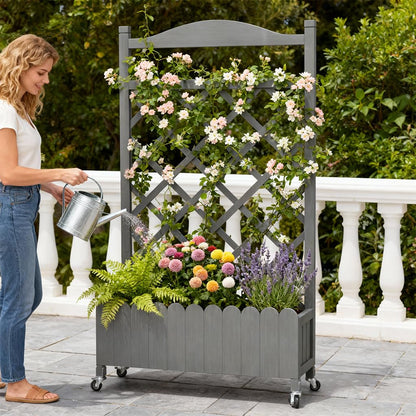 COMHOMA 2 Pack Planter Box with Trellis and Wheels, 48In Elevated Raised Garden Bed, Drainage Holes, Outdoor Lattice for Climbing Flowers, Vegetables, Patio Balcony, Brown