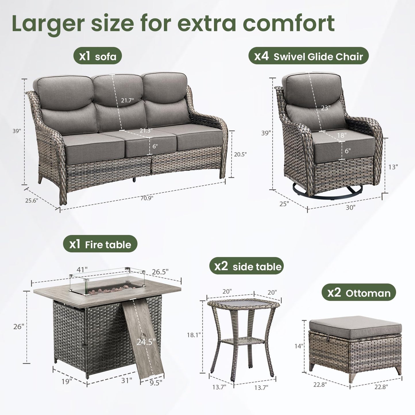 Luxury Patio Furniture Set with 6-inch Thick Cushion, Outdoor Furniture with Fire Pit Table, Swivel Chairs, Sofa, Side Table, Ottomans, 9pcs Wicker Conversation Set(Brown Wicker | Grey Cushion)