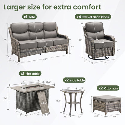 Luxury Patio Furniture Set with 6-inch Thick Cushion, Outdoor Furniture with Fire Pit Table, Swivel Chairs, Sofa, Side Table, Ottomans, 9pcs Wicker Conversation Set(Brown Wicker | Grey Cushion)