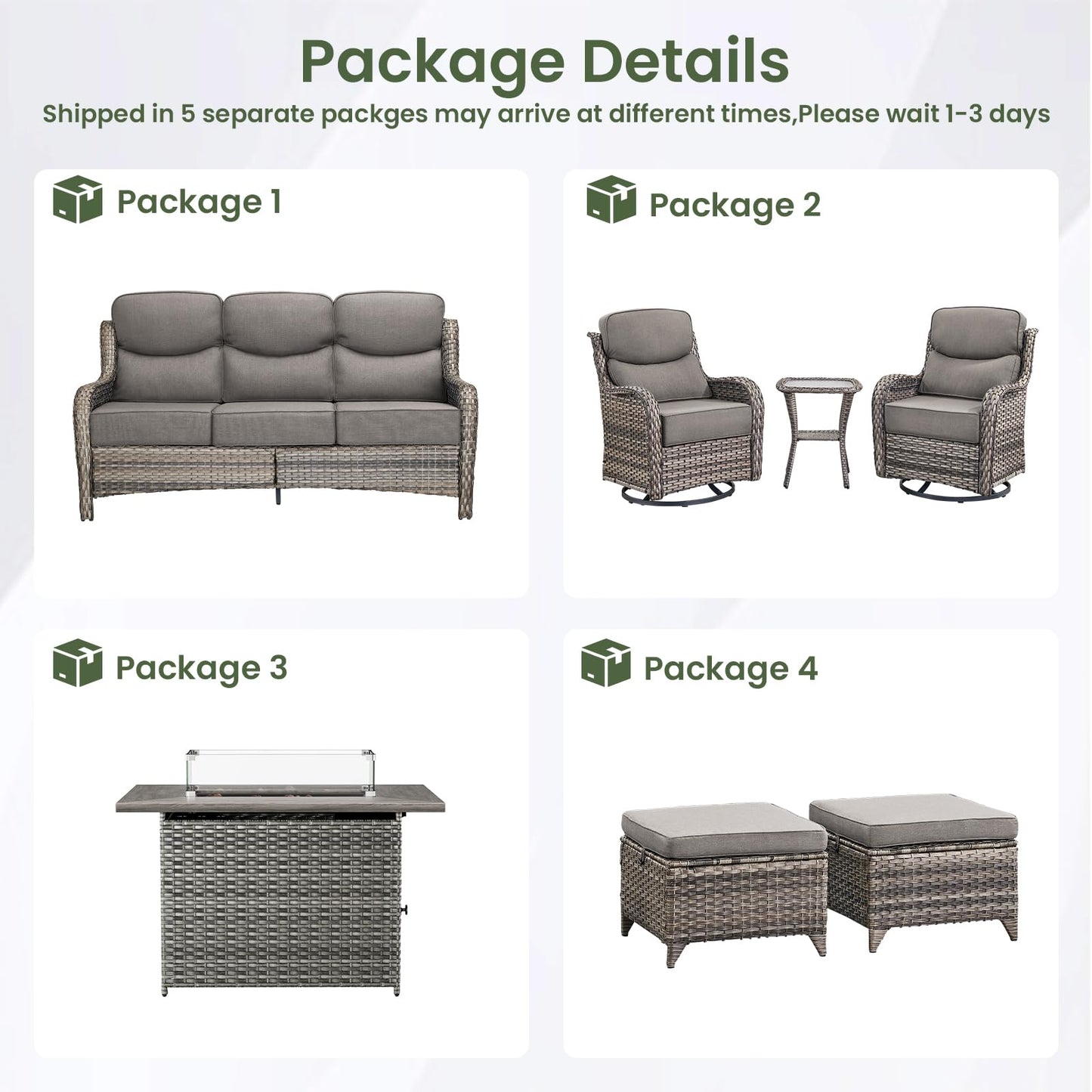 Luxury Patio Furniture Set with 6-inch Thick Cushion, Outdoor Furniture with Fire Pit Table, Swivel Chairs, Sofa, Side Table, Ottomans, 9pcs Wicker Conversation Set(Brown Wicker | Grey Cushion)