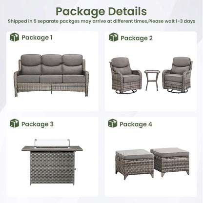 Luxury Patio Furniture Set with 6-inch Thick Cushion, Outdoor Furniture with Fire Pit Table, Swivel Chairs, Sofa, Side Table, Ottomans, 9pcs Wicker Conversation Set(Brown Wicker | Grey Cushion)