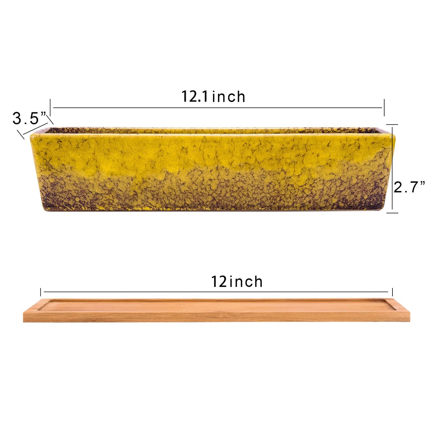 Succulent Pots - 12.1 Inch Large Succulent Planters Pots with Drainage Tray, Long Rectangle Ceramic Pot for Indoor Cactus/Succulent Plants Shallow Bonsai Window Box for Home Garden Decor (Blue)