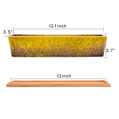 Succulent Pots - 12.1 Inch Large Succulent Planters Pots with Drainage Tray, Long Rectangle Ceramic Pot for Indoor Cactus/Succulent Plants Shallow Bonsai Window Box for Home Garden Decor (Blue)