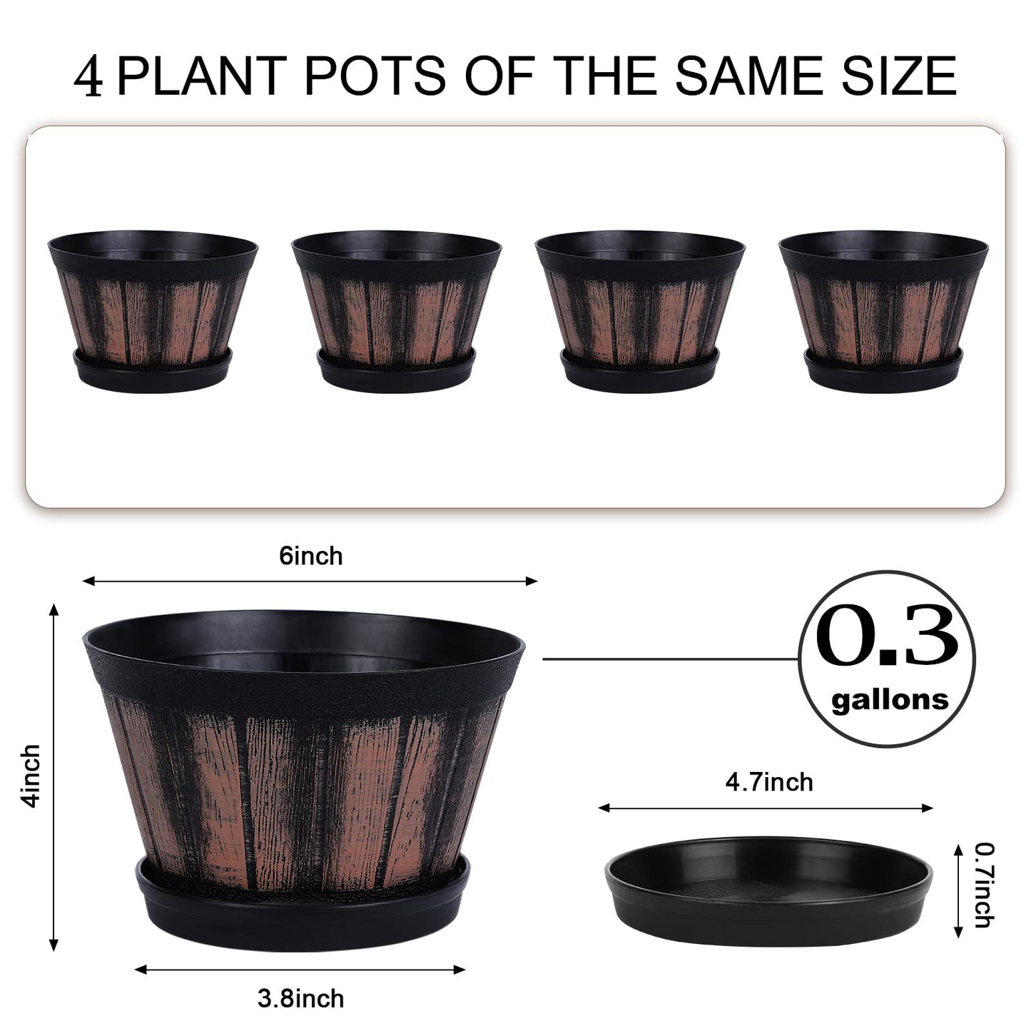 Quarut Plant Pots Set of 4 Pack 12 inch,Large Whiskey Barrel Planters with Drainage Holes & Saucer.Plastic Flower Pots Imitation Wine Barrel Design, for Indoor & Outdoor Garden Home Plants (Brown)