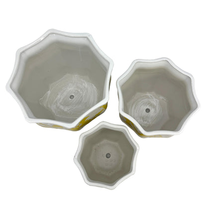 Galt International Blue & White Round Fluted Classic Floral Porcelain Ceramic Plant Flower Planter Pot Set of 3 (7.5", 10", 13") Garden Pots Chinese Asian Design