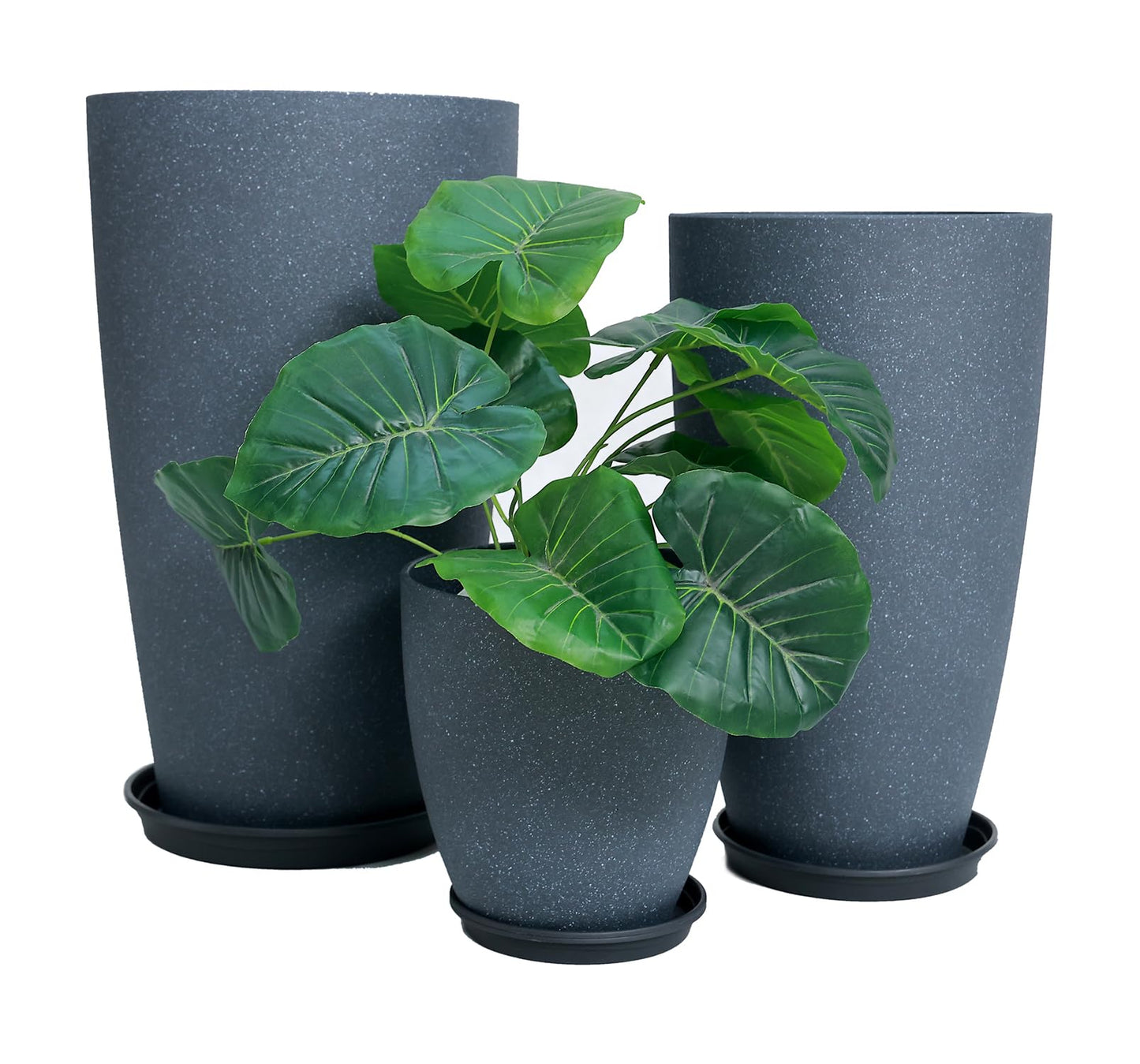 24,21,11 Inch Large Plastic Planters with Drainage Hole and Saucer - Set of 3 Tall Plant Pots Indoor Flower Pot Tall Round Planters Outdoor Large Tall Planter