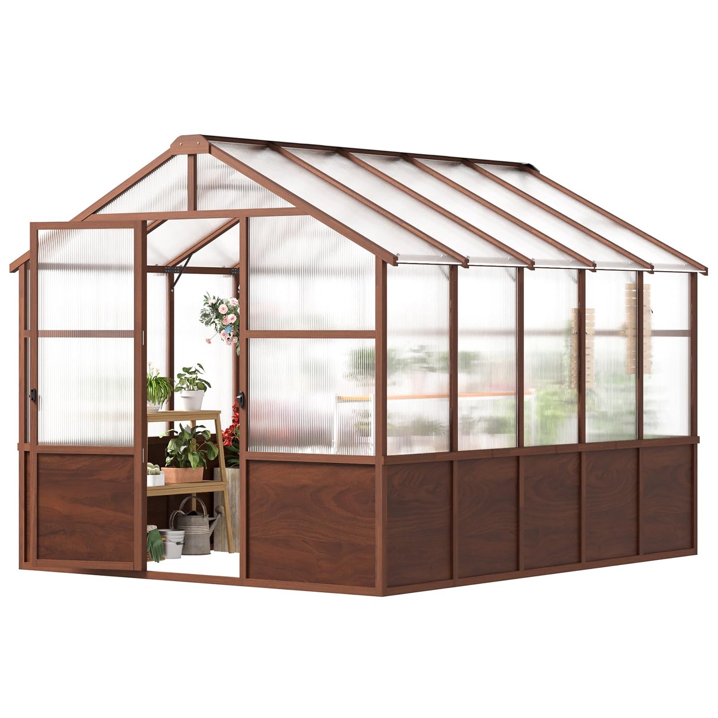 Jocoevol 6x12FT Greenhouse for Outdoors, Wooden Frame Polycarbonate Green House w/ Adjustable Roof Vent and Lockable Door Handle, Walk-in Greenhouses for Outside Garden Backyard