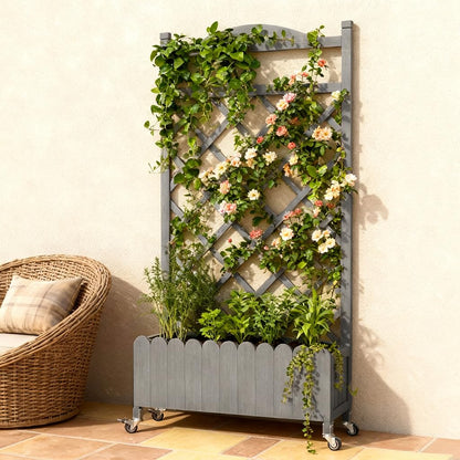 COMHOMA 2 Pack Planter Box with Trellis and Wheels, 48In Elevated Raised Garden Bed, Drainage Holes, Outdoor Lattice for Climbing Flowers, Vegetables, Patio Balcony, Brown