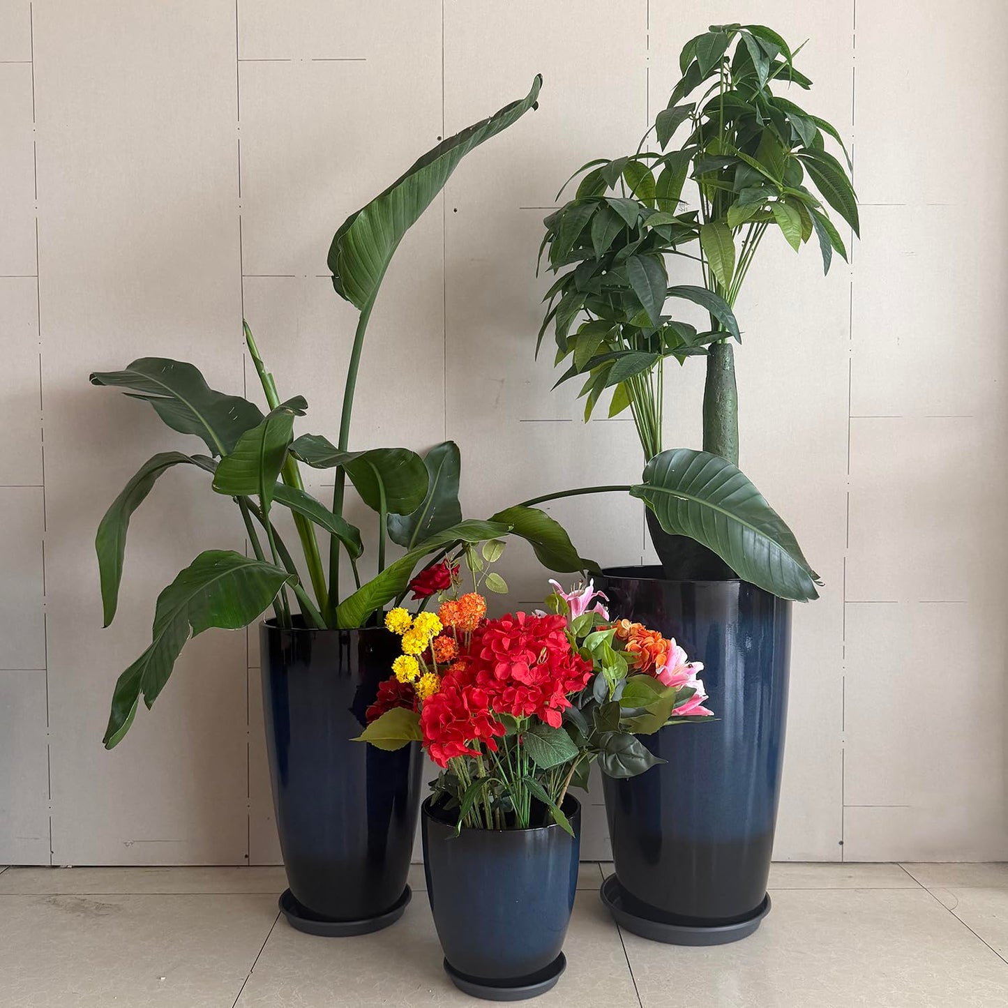 24,21,11 Inch Large Plastic Planters with Drainage Hole and Saucer - Set of 3 Tall Plant Pots Indoor Flower Pot Tall Round Planters Outdoor Large Tall Planter