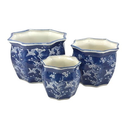 Galt International Blue & White Round Fluted Classic Floral Porcelain Ceramic Plant Flower Planter Pot Set of 3 (7.5", 10", 13") Garden Pots Chinese Asian Design
