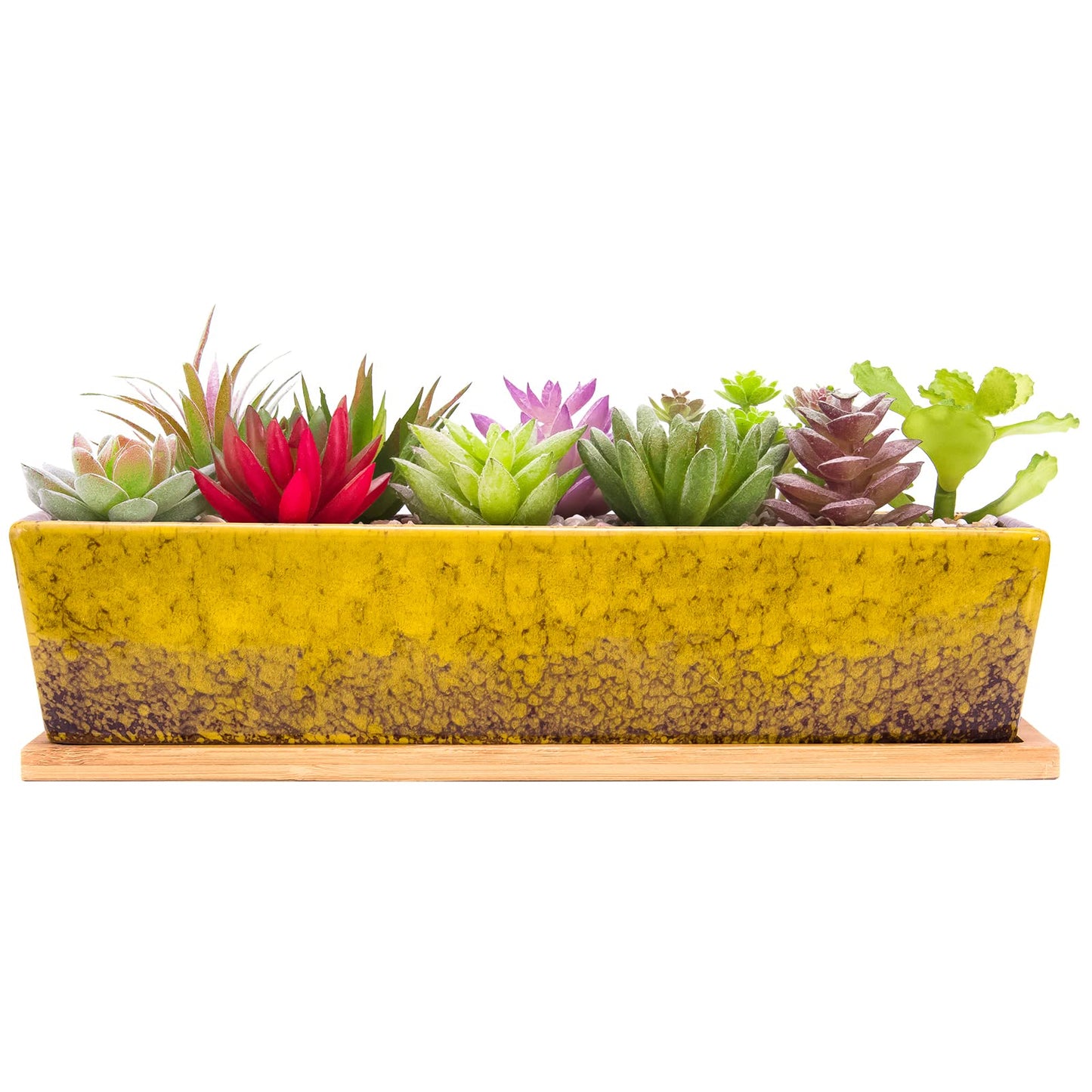 Succulent Pots - 12.1 Inch Large Succulent Planters Pots with Drainage Tray, Long Rectangle Ceramic Pot for Indoor Cactus/Succulent Plants Shallow Bonsai Window Box for Home Garden Decor (Blue)