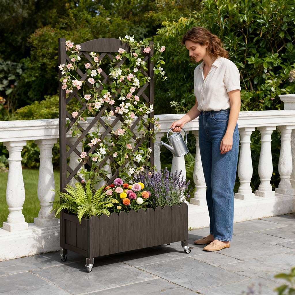 COMHOMA 2 Pack Planter Box with Trellis and Wheels, 48In Elevated Raised Garden Bed, Drainage Holes, Outdoor Lattice for Climbing Flowers, Vegetables, Patio Balcony, Brown