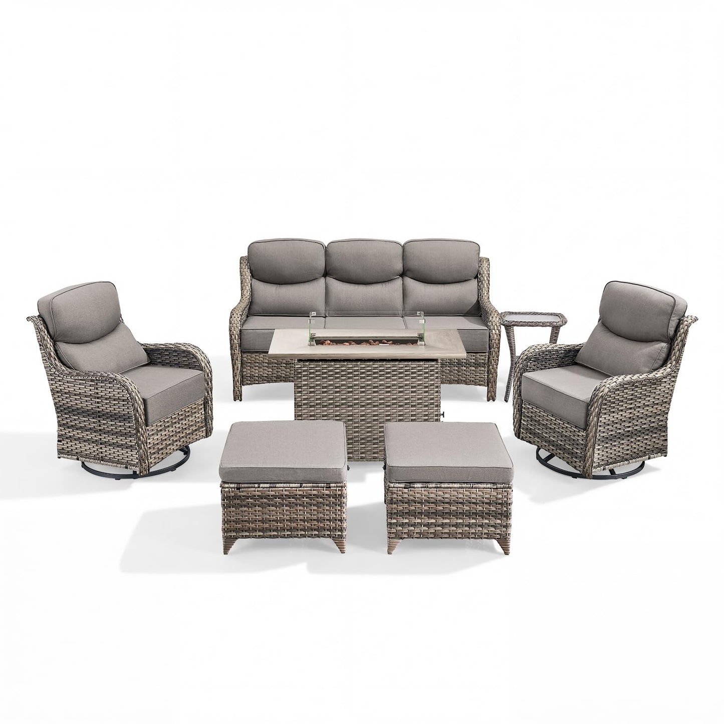 Luxury Patio Furniture Set with 6-inch Thick Cushion, Outdoor Furniture with Fire Pit Table, Swivel Chairs, Sofa, Side Table, Ottomans, 9pcs Wicker Conversation Set(Brown Wicker | Grey Cushion)