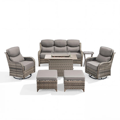 Luxury Patio Furniture Set with 6-inch Thick Cushion, Outdoor Furniture with Fire Pit Table, Swivel Chairs, Sofa, Side Table, Ottomans, 9pcs Wicker Conversation Set(Brown Wicker | Grey Cushion)