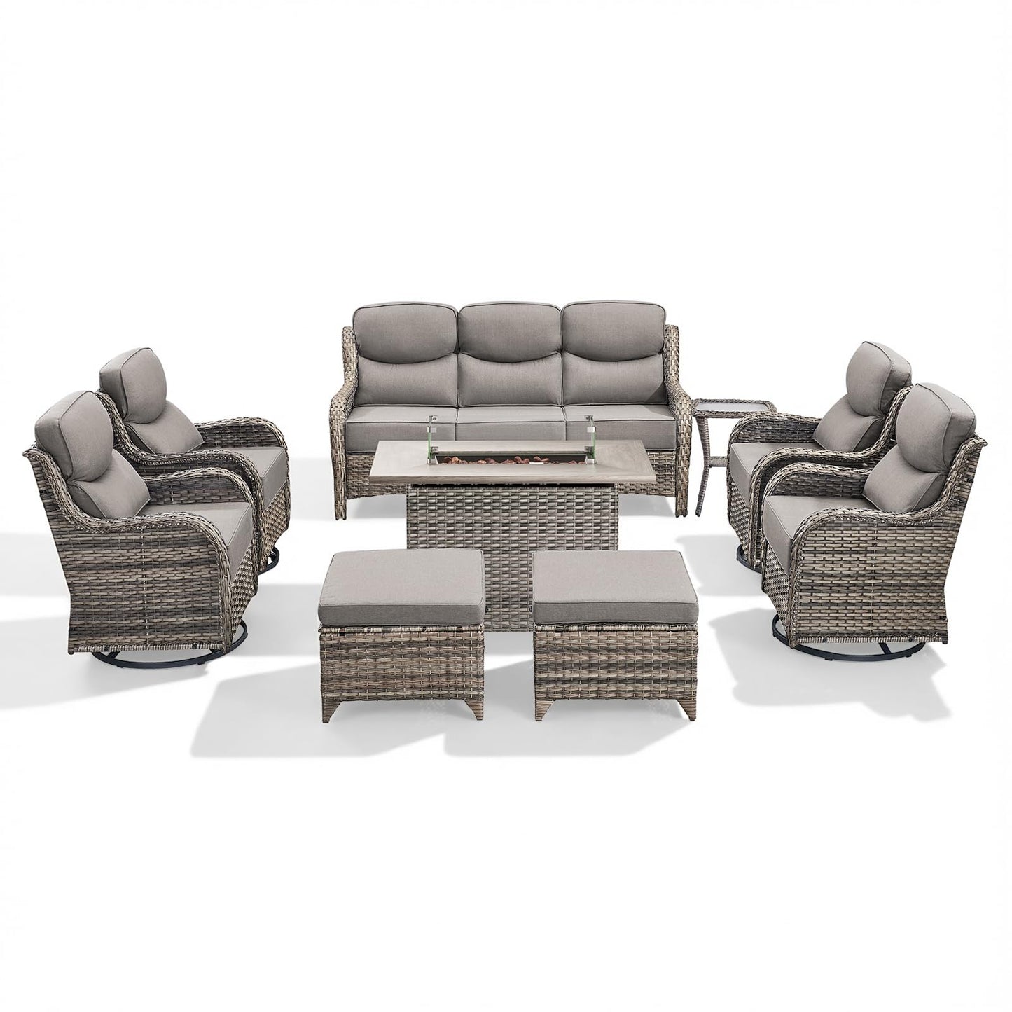 Luxury Patio Furniture Set with 6-inch Thick Cushion, Outdoor Furniture with Fire Pit Table, Swivel Chairs, Sofa, Side Table, Ottomans, 9pcs Wicker Conversation Set(Brown Wicker | Grey Cushion)